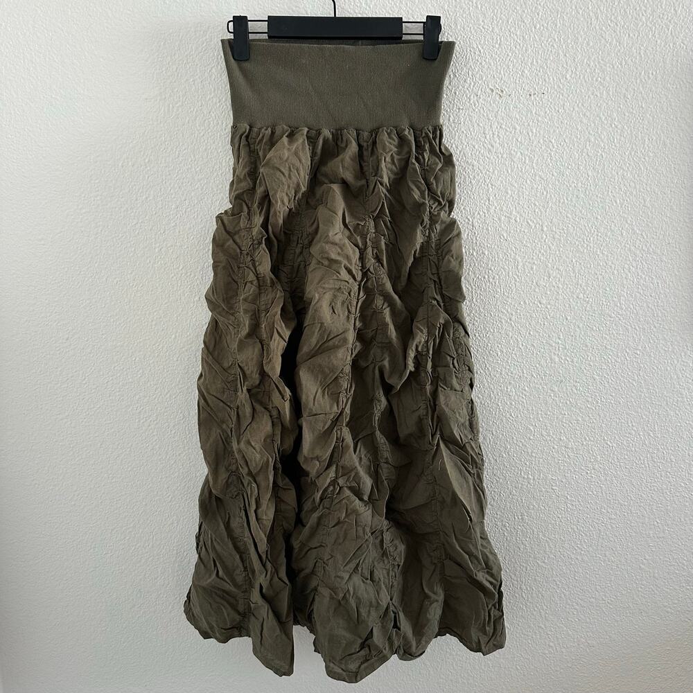 Y2k Scrunched Green Maxi Skirt with Wide Foldover Waistband Small